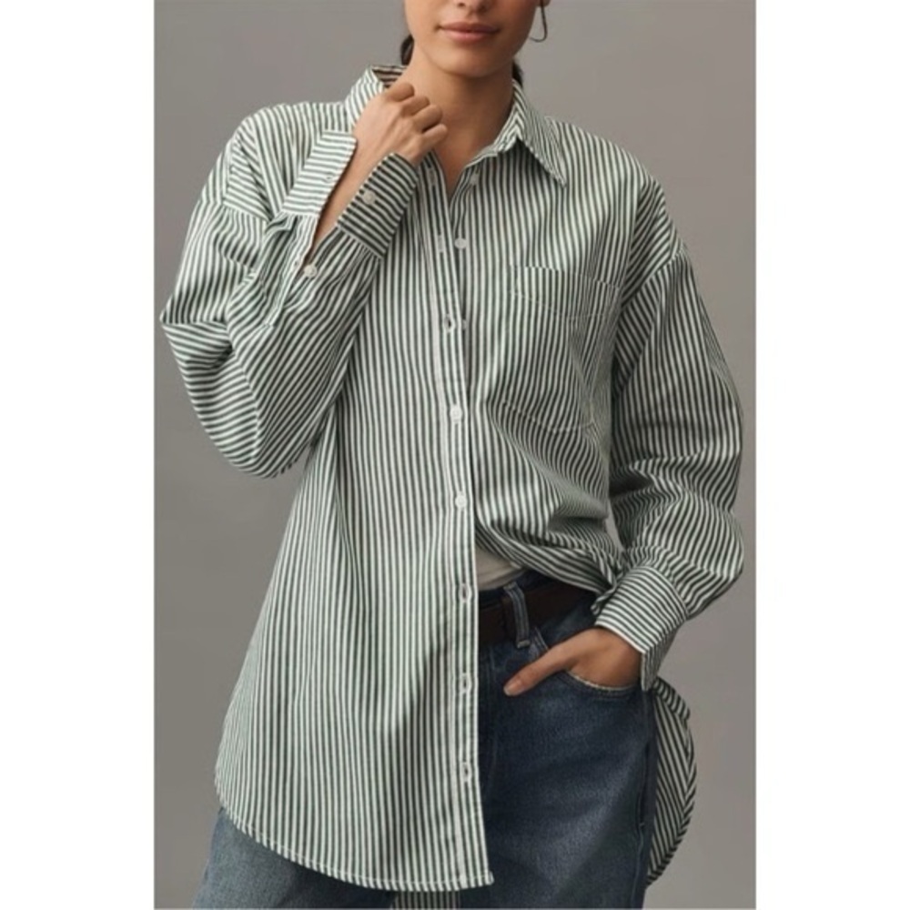 Anthropologie Maeve Bennet Boyfriend Oversized Button Down Green stripe